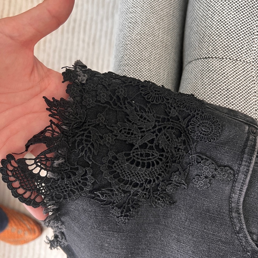 Black Lace Trim Women Jean Shorts - Picture 3 of 7